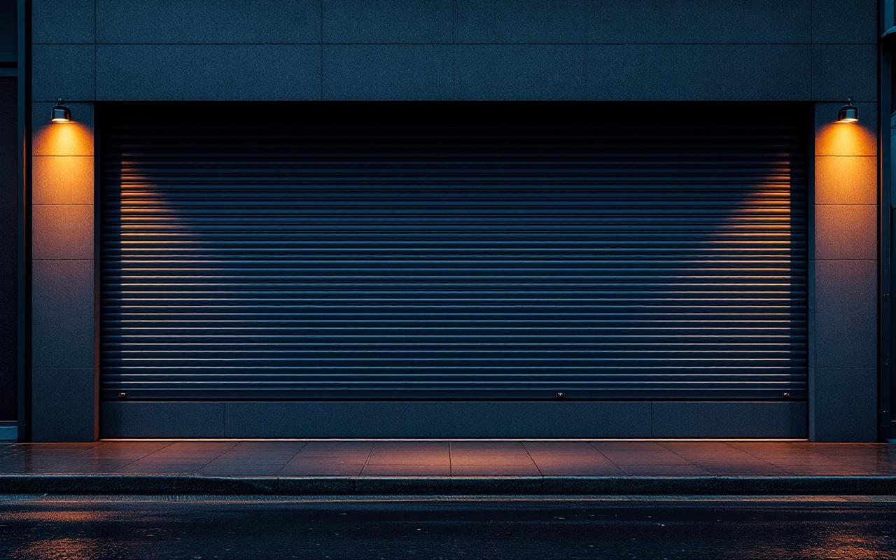 Façade moderne la nuit, volets roulants pleins fermés sur les fenêtres, ambiance sombre avec éclairage de rue ambré et lueur bleutée ambiante, reflets sur le sol humide, atmosphère réaliste et tranquille.