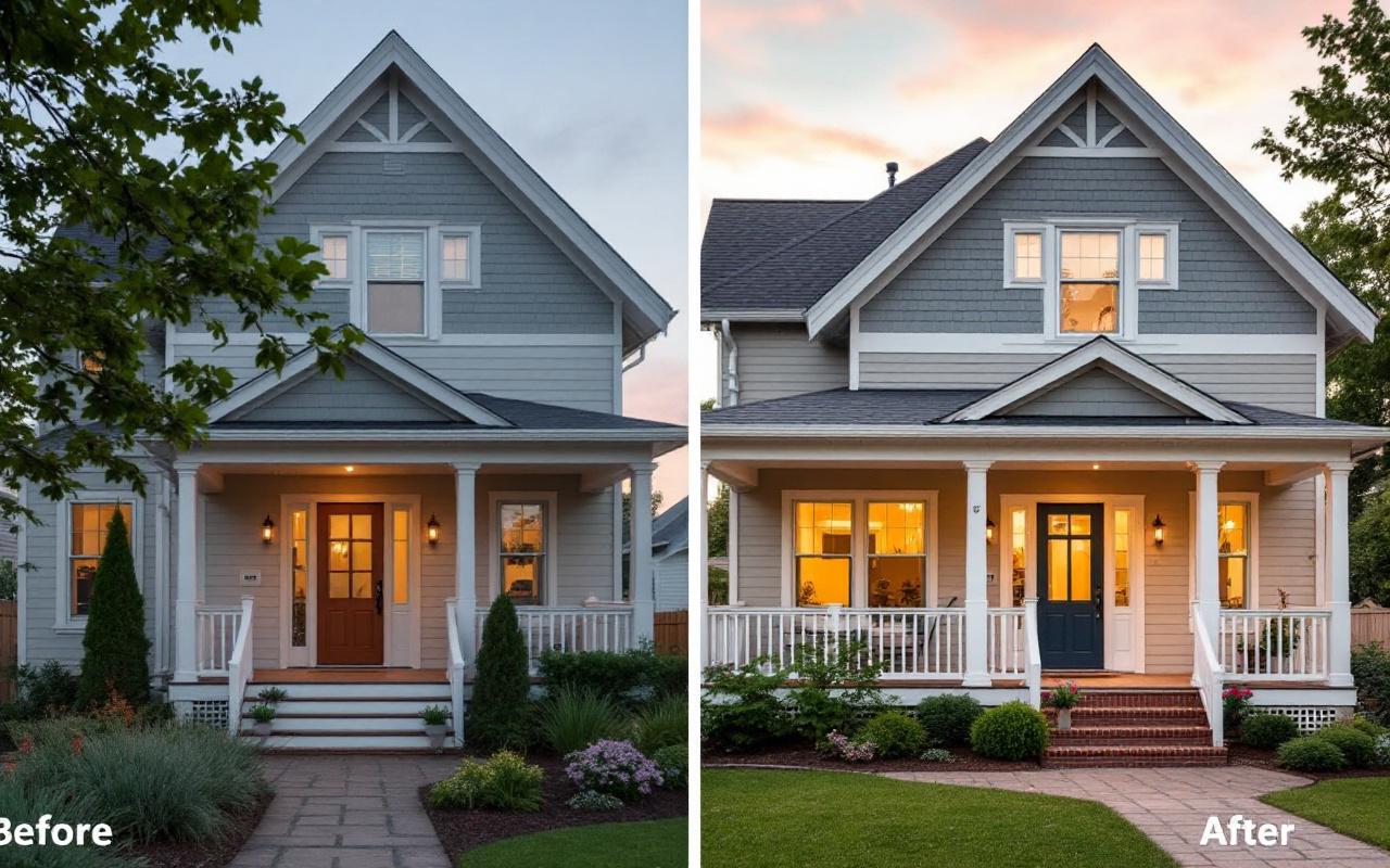 Vue comparative avant/après de l'extérieur d'une maison : à gauche façade usée avec peinture écaillée et toit ancien, à droite façade rénovée aux tons gris chaud et bleu pâle avec boiseries blanches, nouveau toit, aménagement paysager soigné, éclairage doux de coucher de soleil.