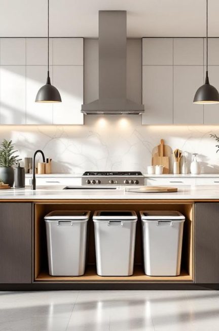 Photo d'une cuisine ouverte moderne avec un grand îlot central intégrant des poubelles cachées, plans de travail en marbre, meubles blancs et bois clair, électroménagers inox, lumière naturelle douce et ambiance épurée.