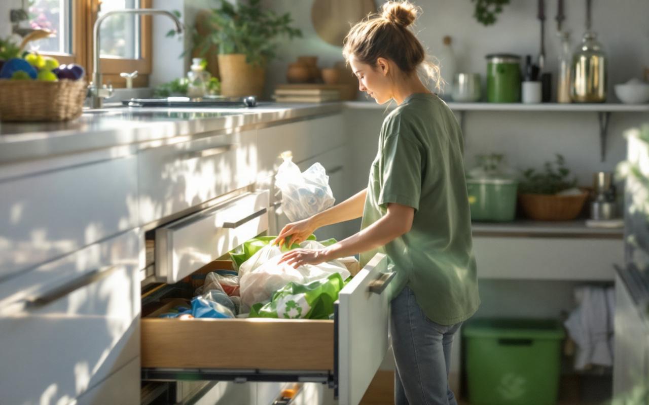 Femme triant le recyclage dans des tiroirs coulissants d'une cuisine moderne et épurée, lumière naturelle douce, bacs verts pour verre, plastique et papier visibles.