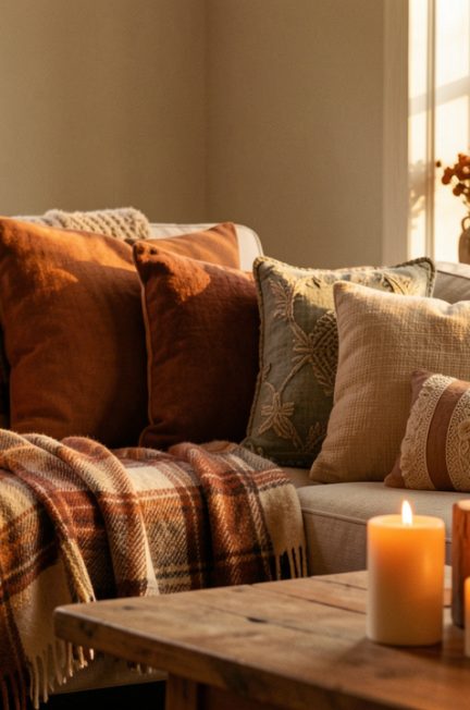 Salon chaleureux d’automne avec un plaid, des bougies allumées, des coussins moelleux, du bois naturel et des accessoires décoratifs saisonniers.