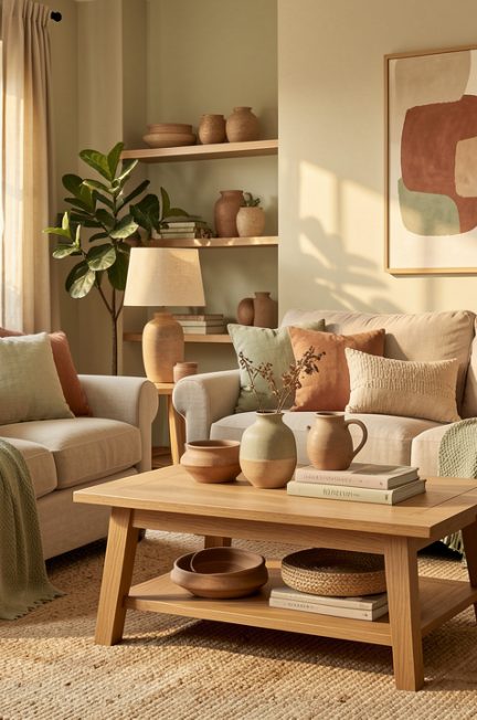 Salon chaleureux et élégant, mêlant plusieurs styles décoratifs, avec des matières naturelles comme le bois et le lin, des tons doux et une lumière naturelle donnant une ambiance harmonieuse.