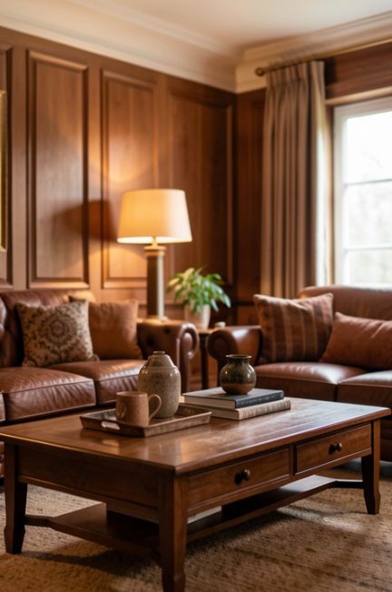Salon chaleureux à thème avec boiseries et accessoires en cuir, décoration élégante et éclairage doux créant une ambiance maison raffinée.