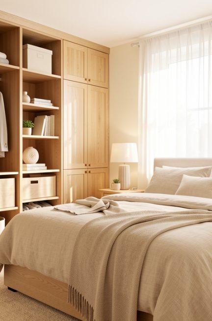 Chambre adulte lumineuse et apaisante avec lit en linge beige, rangements intégrés et mobilier en bois clair.