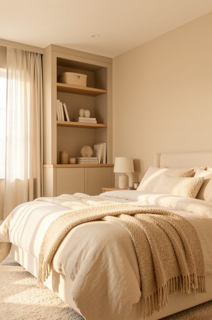 Chambre lumineuse et apaisante aux tons naturels, avec des rangements discrets, du linge de lit doux et une ambiance reposante.