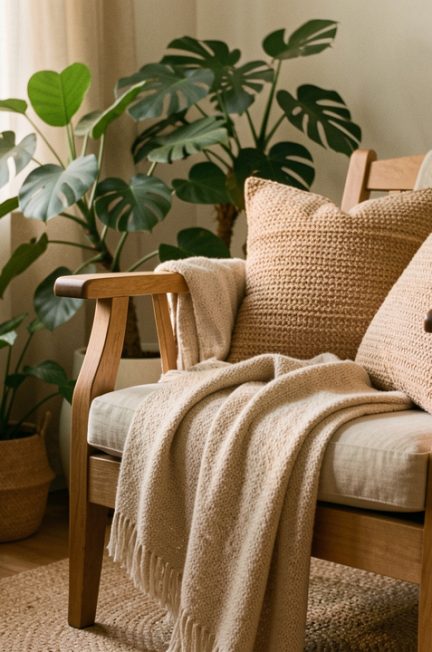 Coin bien-être lumineux avec un fauteuil en bois, des plantes vertes, des coussins doux et des textiles naturels dans une lumière tamisée.