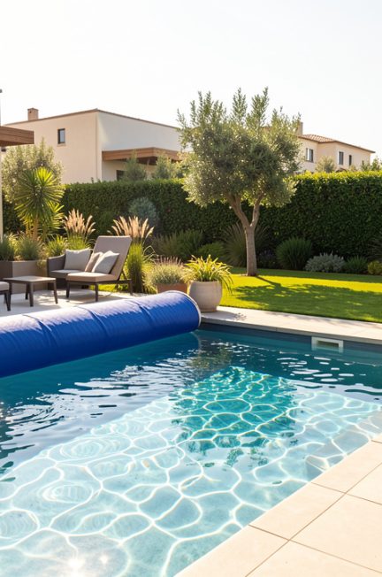 Terrasse familiale moderne avec piscine rectangulaire, bâche à bulles bleue partiellement enroulée, jardin lumineux et mobilier extérieur.