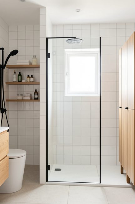 Salle de bain moderne et fonctionnelle présentant huit équipements essentiels, avec lavabo, miroir, douche à l’italienne, rangement, sèche-serviettes et panier à linge.