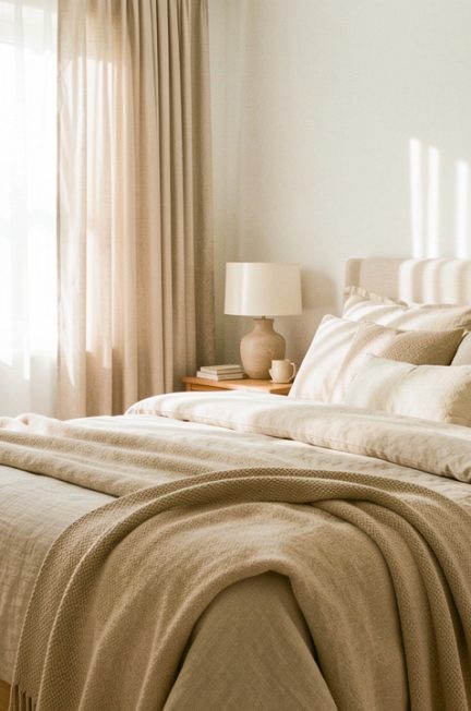 Chambre lumineuse et apaisante avec un lit soigneusement fait, des tons beiges et de doux rideaux dans une ambiance chaleureuse.
