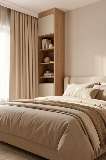 Chambre moderne et apaisante avec un lit soigneusement préparé, des rideaux beiges, des rangements discrets et une lumière douce.