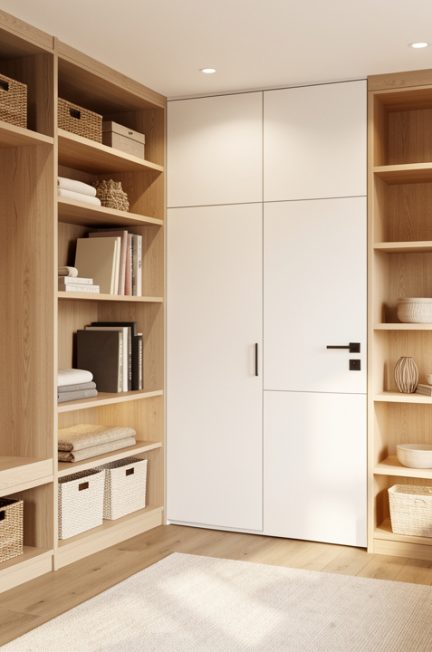 Intérieur de maison contemporain, lumineux et chaleureux, avec rangements intégrés et entrée pratique soigneusement organisée.
