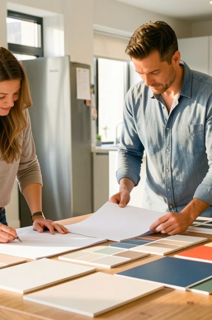 Un homme et une femme examinent ensemble un projet de cuisine avec des plans vierges et des échantillons de façades sur une table dans un showroom lumineux.