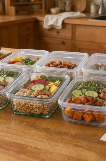 Cuisine familiale lumineuse avec contenants de repas préparés, légumes frais et planning vierge posé sur le plan de travail