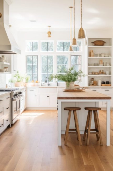Cuisine moderne avec un parquet en bois sous les meubles et l’îlot central.
