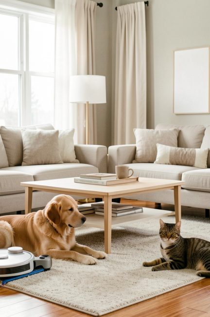 Salon lumineux et soigné avec parquet, tapis et robot aspirateur laveur en fonctionnement près d’un chien et d’un chat.